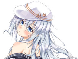 Rule 34 | 10s, 1girl, bare shoulders, blush, body blush, breasts, closed mouth, flat cap, folko, from behind, hair between eyes, hammer and sickle, hat, hibiki (kancolle), kantai collection, long hair, looking at viewer, looking back, off shoulder, shoulder blades, sideboob, simple background, small breasts, solo, star (symbol), tareme, undressing, upper body, verniy (kancolle), white background, white hat