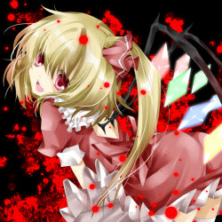 Rule 34 | 1girl, bad id, bad pixiv id, blonde hair, embodiment of scarlet devil, fangs, female focus, flandre scarlet, nanase nao, no headwear, open mouth, red background, red eyes, side ponytail, solo, thighhighs, touhou, white thighhighs, wings