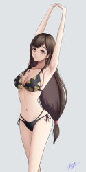 Rule 34 | 1girl, absurdres, armpits, arms up, bikini, black bikini, breasts, brown hair, cosplay, closed eyes, feet out of frame, final fantasy, final fantasy vii, final fantasy vii remake, floral print, highres, kitagawa marin, kitagawa marin (cosplay), large breasts, long hair, looking at viewer, low-tied long hair, navel, print bikini, red eyes, side-tie bikini bottom, simple background, solo, sono bisque doll wa koi wo suru, stomach, swimsuit, tifa lockhart, ukyou (ukyopokemon)