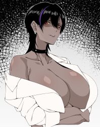 Rule 34 | 1girl, alex (cero rains), arms under breasts, black hair, blue hair, breast hold, breasts, cero rains, choker, cleavage, collar, collared shirt, commentary, crossed arms, earrings, english commentary, highres, huge breasts, jewelry, looking at viewer, medium hair, mole, mole on armpit, multicolored hair, no bra, off shoulder, open clothes, open shirt, orange eyes, original, seductive smile, shirt, smile, solo, spiked choker, spikes, two-tone hair, upper body