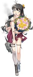 Rule 34 | 1girl, asymmetrical legwear, black hair, boots, bouquet, burnt clothes, collared shirt, colored inner hair, cross-laced footwear, damaged, dress, fang, flower, fujikawa, full body, grey pantyhose, kantai collection, lace-up boots, long hair, looking at viewer, machinery, multicolored hair, naganami (kancolle), official art, open mouth, pantyhose, pink hair, pleated dress, purple dress, school uniform, shirt, smile, smoke, solo, third-party source, torn clothes, torpedo launcher, transparent background, two-tone hair, yellow eyes