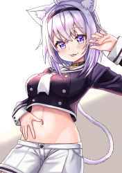 Rule 34 | absurdres, alternate costume, animal ear fluff, animal ears, blush, breasts, cat ears, cat tail, commentary request, cowboy shot, groin, hair between eyes, headband, highres, hololive, hololive gamers, large breasts, looking at viewer, midriff, nekomata okayu, nekomata okayu (casual), nootomo, purple eyes, school uniform, serafuku, short shorts, shorts, simple background, solo, tail, tongue, tongue out, virtual youtuber, white background