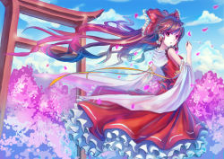 Rule 34 | 1girl, bare shoulders, bow, brown eyes, brown hair, cherry blossoms, cloud, day, detached sleeves, female focus, forest, frilled skirt, frills, hair bow, hair tubes, hakurei reimu, japanese clothes, long hair, looking at viewer, looking back, mahou kyuuri, md5 mismatch, miko, nature, open mouth, petals, resolution mismatch, shirt, skirt, sky, sleeveless, sleeveless shirt, solo, source larger, strap, torii, touhou, very long hair