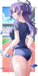 Rule 34 | 1girl, absurdres, ass, baton, blue archive, blue sky, border, buruma, commentary request, day, facial tattoo, gym shirt, gym uniform, half updo, halo, highres, holding, li se, long hair, looking at viewer, looking back, one side up, outdoors, ponytail, purple buruma, purple eyes, purple hair, purple shirt, shirt, sidelocks, sky, solo, standing, star (symbol), tattoo, thighs, track and field, yuuka (blue archive), yuuka (track) (blue archive)