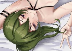 Rule 34 | 1girl, :q, arm strap, armpits, commentary, english commentary, green hair, halterneck, long hair, lying, on back, ryuuneart, smile, sousou no frieren, tongue, tongue out, ubel (sousou no frieren), v
