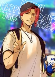Rule 34 | 1boy, artist name, backpack, bag, baseball cap, blurry, blurry background, closed mouth, dated, depth of field, hand up, happy birthday, hat, highres, holding, jewelry, jojo no kimyou na bouken, kakyoin noriaki, kotatsu (g-rough), looking at viewer, male focus, necklace, red eyes, red hair, shirt, sketch, smile, solo, stardust crusaders, upper body, white shirt