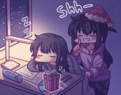 Rule 34 | 2girls, :d, black hair, black jacket, black pants, blush stickers, box, closed eyes, covering with blanket, cowboy shot, desk, desk lamp, eraser, facing viewer, finger to mouth, gift, gift box, grin, hat, head rest, highres, hood, hood down, hoodie, idoly pride, indoors, jacket, kabotd, lamp, leaning forward, long sleeves, multiple girls, nagase kotono, nagase mana, night, notice lines, one side up, open mouth, pants, papers, pencil, pencil case, pink hoodie, santa hat, shadow, smile, snowing, teeth, window, zzz