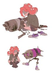 Rule 34 | 1girl, armor, bad id, bad tumblr id, bomber jacket, boots, breastplate, brown gloves, comic, female focus, flat color, gloves, goggles, head rest, highres, jacket, katou (osoraku), midriff, multiple views, nintendo, octoling, octopod, red hair, screw, shoes, short hair, shorts, simple background, smile, sneakers, splatoon (series), takozonesu, white background, wrench