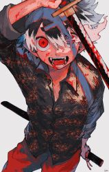 Rule 34 | + +, 1boy, arm over head, arm up, black hair, black shirt, blood, blood on arm, blood on clothes, blood on face, blood on hands, bloody weapon, collared shirt, colored tips, cowboy shot, fangs, flaming eye, floral print, grey background, hair between eyes, highres, katana, looking at viewer, male focus, multicolored hair, original, pants, red eyes, red pants, scar, scar on chest, shinagire (sinanohaka), shirt, short eyebrows, short hair, signature, solo, sword, symbol-shaped pupils, two-tone hair, unsheathed, weapon, white hair