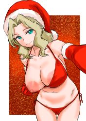 Rule 34 | 1girl, absurdres, areola slip, armpit peek, bikini, blonde hair, blue eyes, blush, breasts, cameltoe, christmas, cleavage, closed mouth, collarbone, elbow gloves, girls und panzer, gloves, groin, hat, highres, kay (girls und panzer), kuppipi ramutarou, large areolae, large breasts, long hair, looking at viewer, navel, nipples, one breast out, red bikini, red gloves, red hat, santa hat, side-tie bikini bottom, smile, solo, standing, swimsuit