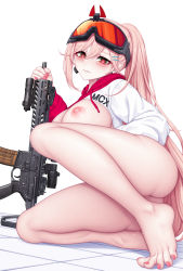 Rule 34 | 1girl, absurdres, assault rifle, barefoot, blush, bottomless, breasts, carbine, cleft of venus, closed mouth, commentary, drawstring, fang, fang out, feet, fingernails, full body, girls&#039; frontline, goggles, goggles on head, green eyes, gun, highres, holding, holding gun, holding weapon, hood, hood down, jc shikikan, large breasts, legs, long hair, long sleeves, looking at viewer, mole, mole under eye, multicolored eyes, nail polish, nipples, pink hair, pink nails, ponytail, pussy, red eyes, rifle, sig mcx (girls&#039; frontline), sig mcx, solo, toenail polish, toenails, toes, very long hair, weapon