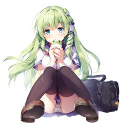 Rule 34 | 1girl, alternate costume, ass, bag, black thighhighs, blue eyes, blue sailor collar, blue skirt, blush, breasts, brown footwear, cellphone, commentary request, contemporary, frog hair ornament, green hair, hair ornament, hair tubes, holding, holding phone, knees together feet apart, knees up, kochiya sanae, large breasts, loafers, long hair, looking at viewer, miyase mahiro, neckerchief, open mouth, panties, pantyshot, parted lips, phone, pleated skirt, red neckerchief, sailor collar, school bag, school uniform, serafuku, shirt, shoe soles, shoes, short sleeves, sidelocks, simple background, sitting, skirt, smartphone, snake hair ornament, solo, striped clothes, striped panties, thighhighs, thighs, touhou, underwear, white background, white shirt