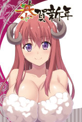 Rule 34 | 1girl, bare shoulders, blush, breasts, brown hair, chinese zodiac, cleavage, collarbone, fujirin, fur, highres, horns, huge breasts, long hair, looking at viewer, new year, original, purple eyes, sheep horns, smile, solo, year of the goat