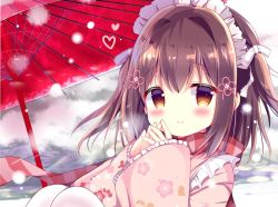 Rule 34 | 1girl, azumi kazuki, blurry, blurry background, blush, brown eyes, brown hair, closed mouth, cloud, cloudy sky, commentary request, depth of field, floral print, frilled sleeves, frills, hair between eyes, hair ornament, hair ribbon, heart, highres, japanese clothes, kimono, knees up, long hair, long sleeves, looking at viewer, maid, maid headdress, oil-paper umbrella, original, pantyhose, pink kimono, print kimono, red umbrella, ribbon, scarf, sitting, sky, sleeves past wrists, smile, solo, steepled fingers, striped clothes, striped scarf, two side up, umbrella, vertical-striped clothes, vertical-striped scarf, wa maid, white pantyhose, white ribbon, wide sleeves