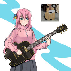 Rule 34 | 1girl, absurdres, among us, artist name, blue eyes, bocchi the rock!, character request, guitar, highres, instrument, korzinka, looking at viewer, photo inset, pink hair, solo, tagme