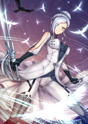 Rule 34 | 1girl, adsouto, bird, blue eyes, blush, breasts, commentary, crow, dual wielding, english commentary, eyes visible through hair, gloves, hair bun, hair over one eye, highres, holding, large breasts, looking at viewer, rwby, single hair bun, sword, uniform, weapon, white hair, winter schnee