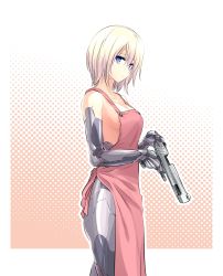 Rule 34 | 1girl, absurdres, android, apron, blonde hair, blue eyes, breasts, cleavage, collarbone, expressionless, gun, hair between eyes, handgun, highres, holding, holding gun, holding weapon, ishiyumi, joints, mechanical arms, mechanical buddy universe, mechanical hands, mechanical legs, mechanical parts, naked apron, pistol, polka dot, polka dot background, robot joints, science fiction, short hair, sideboob, solo, trigger discipline, weapon