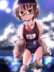 Rule 34 | 1girl, bare shoulders, black-framed eyewear, black hair, blue sky, brown eyes, clothes pull, cloud, collarbone, commentary request, covered navel, cowboy shot, day, glasses, highres, jewelry, kagaku chop, looking at viewer, microskirt, nagakura ren, name tag, neck ring, nishi (nishinotes), one-piece swimsuit, red ribbon, ribbon, school swimsuit, school uniform, semi-rimless eyewear, short hair, skin tight, skirt, skirt pull, sky, solo, standing, sun, sunlight, swimsuit, under-rim eyewear, undressing, water, wavy mouth