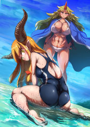 Rule 34 | 2girls, abs, ass, bare shoulders, bikini, blonde hair, blue one-piece swimsuit, blue sky, blush, bow, breasts, cleavage, closed mouth, collarbone, commentary request, competition school swimsuit, competition swimsuit, cuffs, day, enajii, from behind, hair bow, hand on own hip, highres, horns, hoshiguma yuugi, ibuki suika, large breasts, long hair, looking at viewer, looking back, medium breasts, midriff, multiple girls, navel, o-ring, o-ring bikini, o-ring bottom, o-ring top, ocean, one-piece swimsuit, oni, open mouth, outdoors, red bow, school swimsuit, shackles, shoulder blades, single horn, sitting, sky, smile, spread legs, standing, swimsuit, thighs, toned, touhou, very long hair, wariza, water, wet, white bikini, yellow eyes