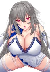 Rule 34 | 1girl, absurdres, azur lane, bare shoulders, breasts, china dress, chinese clothes, cleavage, covered erect nipples, dress, elbow gloves, evening gown, gloves, grey hair, hair between eyes, highres, huge breasts, lace, lace-trimmed dress, lace-trimmed legwear, lace trim, long hair, looking at viewer, makudesu, mole, mole on breast, mole under eye, official alternate costume, open mouth, panties, saint-louis (azur lane), saint-louis (holy knight&#039;s resplendence) (azur lane), saint-louis (holy knight&#039;s resplendence) (azur lane), shiny skin, simple background, sleeveless, sleeveless dress, solo, spread legs, thighhighs, tongue, tongue out, underwear, very long hair, white background, white dress, white gloves, white panties, white thighhighs