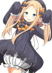 Rule 34 | 1girl, abigail williams (fate), absurdres, aikawa ryou, arms up, black bow, black dress, black hat, blonde hair, blue eyes, blush, bow, dot nose, dress, fate/grand order, fate (series), hair bow, hat, highres, long hair, long sleeves, looking at viewer, multiple bows, orange bow, parted bangs, polka dot, polka dot bow, simple background, sleeves past fingers, sleeves past wrists, solo, very long hair, white background