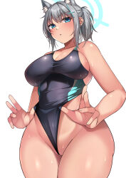 Rule 34 | 1girl, absurdres, animal ear fluff, animal ears, aqua eyes, bare arms, black one-piece swimsuit, blue archive, blush, breasts, cleavage, closed mouth, clothes pull, collarbone, cross hair ornament, ear piercing, grey hair, hair between eyes, hair ornament, halo, highres, large breasts, looking at viewer, muyoshito, official alternate costume, one-piece swimsuit, one-piece swimsuit pull, piercing, ponytail, shiroko (blue archive), shiroko (swimsuit) (blue archive), short hair, sidelocks, simple background, solo, standing, swimsuit, white background, wide hips