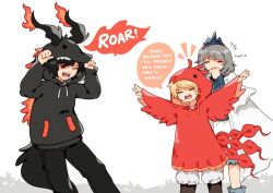 Rule 34 | 1girl, 2boys, black hair, blonde hair, brothers, character hood, clive rosfield, cosplay, english text, fake horns, fake tail, fenrishion, final fantasy, final fantasy xvi, grey hair, hand to own mouth, hood, hoodie, horned hood, horns, ifrit (final fantasy), ifrit (final fantasy) (cosplay), jill warrick, joshua rosfield, multiple boys, outstretched arms, phoenix (final fantasy), phoenix (final fantasy) (cosplay), shiva (final fantasy), shiva (final fantasy) (cosplay), siblings, smile, speech bubble, tail, tiara