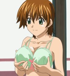 Rule 34 | 00s, 1girl, animated, animated gif, bra, grabbing another&#039;s breast, breasts, brown hair, chitose midori, grabbing, green eyes, green green, indoors, large breasts, lingerie, lowres, short hair, solo, underwear
