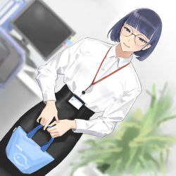 Rule 34 | 1girl, bad id, bad pixiv id, black hair, blunt bangs, blurry, blurry background, bob cut, collared shirt, computer, dutch angle, highres, hiramedousa, lanyard, leaf, long sleeves, office lady, original, plant, potted plant, shirt, shirt tucked in, short hair, solo, white shirt