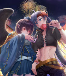 Rule 34 | 2girls, abs, absurdres, ahoge, alexzhang, apple, belt, bird wings, black shirt, black shorts, black wings, blue eyes, blue hair, blue headwear, blue shirt, blue skirt, breasts, candy, candy apple, caramel, cellphone, closed mouth, collarbone, crab hair ornament, eating, feathered wings, festival, fireworks, food, fruit, gem, hand on own hip, hat, headband, highres, himemushi momoyo, holding, holding candy, holding food, holding phone, iizunamaru megumu, jewelry, long hair, long sleeves, medium breasts, midriff, miniskirt, multiple girls, navel, open mouth, orange ribbon, panties, phone, pointy ears, red eyes, ribbon, ring, shirt, short sleeves, shorts, shoulder guard, skirt, smartphone, stomach, tengu, tokin hat, touhou, underwear, very long hair, white panties, wide sleeves, wings, yellow belt, yuri