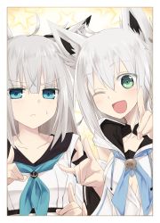Rule 34 | 2girls, ahoge, animal ear fluff, animal ears, azur lane, blue eyes, blue neckerchief, blush, breasts, check commentary, chiyosuke (chysk hm), closed mouth, cloud, commentary request, cowboy shot, crossover, detached sleeves, fox ears, fox shadow puppet, framed, frown, gloves, green eyes, hair between eyes, half gloves, highres, hololive, jewelry, kawakaze (azur lane), long hair, long sleeves, look-alike, looking at viewer, multiple girls, neckerchief, open mouth, shirakami fubuki, smile, star (symbol), virtual youtuber, white hair