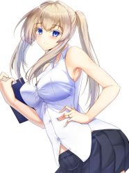 Rule 34 | 1girl, alternate costume, bare arms, blonde hair, blouse, blue eyes, blush, breasts, clip studio paint (medium), graf zeppelin (kancolle), graphite (medium), grey skirt, hair intakes, highres, kantai collection, large breasts, long hair, looking at viewer, shirt, sidelocks, simple background, skirt, sleeveless, smile, solo, traditional media, utsumi karmin, white background, white shirt