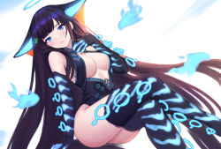 Rule 34 | 1girl, animal ears, blue eyes, blue fire, blush, breasts, brown hair, closed mouth, crossed legs, elbow gloves, fate/grand order, fate (series), fire, gloves, hair ornament, halo, hand up, head tilt, large breasts, leotard, long hair, looking at viewer, sitting, siun, solo, thighhighs, very long hair, yang guifei (fate), yang guifei (third ascension) (fate)