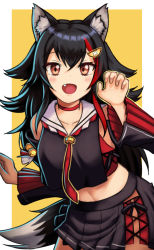 Rule 34 | 1girl, absurdres, animal ear fluff, animal ears, bell, black hair, black shirt, black skirt, breasts, brown eyes, choker, claw pose, fang, hair ornament, hairpin, highres, hololive, long hair, medium breasts, multicolored hair, ookami mio, ookami mio (1st costume), open mouth, red choker, red hair, school uniform, shirt, silverchariotx, skirt, solo, streaked hair, uniform, very long hair, virtual youtuber, wolf ears, wolf girl, yellow background