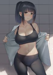 Rule 34 | 1girl, black hair, blunt bangs, blush, breasts, brown eyes, cleavage, closed mouth, collarbone, contrapposto, cowboy shot, gluteal fold, iltusa, large breasts, leggings, looking at viewer, navel, nose blush, open clothes, original, ponytail, sidelocks, single bare shoulder, solo, sports bra, stomach, sweat, tile wall, tiles, undressing