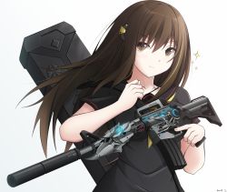 Rule 34 | 1girl, assault rifle, black sailor collar, black shirt, brown eyes, brown hair, closed mouth, collarbone, commentary, girls&#039; frontline, glowing, gradient background, grey background, gun, hair between eyes, hair ornament, hand up, highres, holding, holding gun, holding weapon, keenh, long hair, m4 carbine, m4a1 (girls&#039; frontline), m4a1 (mod3) (girls&#039; frontline), mod3 (girls&#039; frontline), name connection, neckerchief, object namesake, rifle, sailor collar, shirt, short sleeves, signature, smile, solo, sparkle, upper body, weapon, white background, yellow neckerchief