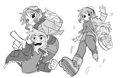 Rule 34 | 1boy, 1girl, bag, clenched hand, closed mouth, goggles, goggles on head, greyscale, hone (honesk1), in bag, in container, inline skates, jacket, monochrome, multiple views, open clothes, open jacket, open mouth, pointing, ramona flowers, roller skates, scott pilgrim, scott pilgrim (series), scott pilgrim takes off, short hair, simple background, skates, smile, white background