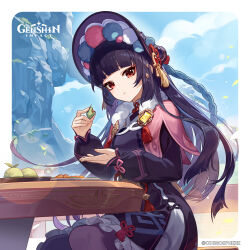 Rule 34 | 1girl, absurdres, black hair, blue sky, blunt bangs, capelet, cloud, commentary, day, dress, food, genshin impact, highres, holding, holding food, long hair, looking at viewer, official art, orange eyes, pantyhose, parted lips, petticoat, pink capelet, pom pom (clothes), purple dress, purple pantyhose, sitting, sky, solo, table, very long hair, yun jin (genshin impact)
