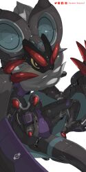 Rule 34 | animal focus, artist name, colored sclera, commentary, creatures (company), english commentary, facebook logo, facebook username, full body, game freak, gen 6 pokemon, highres, instagram logo, instagram username, mecha, mechanization, nintendo, no humans, noivern, pixiv logo, pixiv username, pokemon, pokemon (creature), robot, simple background, solo, symbol-shaped pupils, triangle-shaped pupils, twitter logo, twitter username, white background, xezeno, yellow eyes, yellow sclera