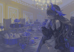 Rule 34 | 1girl, absurdres, arknights, bare shoulders, black sleeves, blue horns, blue liquid, bowl, cake, chair, chandelier, commentary request, cowboy shot, cup, dress, drinking glass, food, fork, from side, grey hair, highmore (arknights), highres, holding, holding cup, horns, indoors, long hair, long sleeves, long table, miike (992058), plate, pointy ears, sitting, sleeveless, sleeveless dress, solo, spoon, table, tiered tray, very long hair, white dress