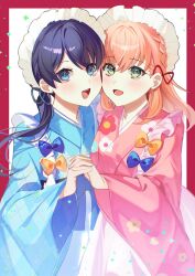 Rule 34 | 2girls, :d, blue bow, blue eyes, blue hair, blue kimono, border, bow, braid, cheek-to-cheek, crossed bangs, dark blue hair, dkou, floral print kimono, frilled kimono, frills, green eyes, hair ornament, heads together, highres, hinoshita kaho, holding hands, interlocked fingers, japanese clothes, kimono, light blush, link! like! love live!, long hair, long sleeves, looking at viewer, love live!, low twintails, maid, maid headdress, medium hair, multiple girls, murano sayaka, open mouth, orange bow, orange hair, outside border, pink kimono, plaid kimono, red border, side braids, smile, swept bangs, twintails, unconventional maid, upper body, wa maid, white background, wide sleeves