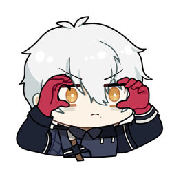 1boy black_jacket bright_pupils chibi chibi_only chinese_commentary closed_mouth commentary_request euyueuy gloves hair_between_eyes jacket looking_ahead male_focus mole mole_under_mouth official_alternate_costume punishing:_gray_raven red_gloves short_hair simple_background solo upper_body wanshi:_hypnos_(hawk_scout)_(pgr) wanshi_(pgr) white_background white_hair white_pupils yellow_eyes