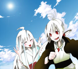 Rule 34 | 1boy, 1girl, ahoge, albino, cloud, day, japanese clothes, jewelry, lens flare, long hair, necklace, original, pale skin, palmeros, red eyes, sky, smile, white hair