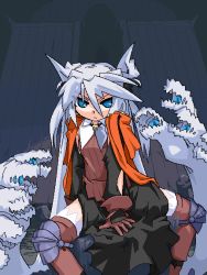 Rule 34 | 1girl, between legs, blue eyes, collar, gloves, hand between legs, living hair, long hair, looking at viewer, mof, mof&#039;s silver haired twintailed girl, oekaki, original, red gloves, red thighhighs, rock, shorts, silver hair, sitting, solo, spread legs, thighhighs, very long hair