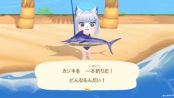 Rule 34 | 1girl, animal, animal crossing, animal ear fluff, animal ears, barefoot, beach, blue archive, blue eyes, cross hair ornament, day, fish, grey hair, hair ornament, halo, highres, holding, holding animal, holding fish, marlin (fish), mismatched pupils, nintendo, ocean, one-piece swimsuit, outdoors, parody, rocktide, shiroko (blue archive), shiroko (swimsuit) (blue archive), sky, solo, standing, style parody, swimsuit, translation request, tree, twitter username, water