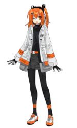 Rule 34 | 1girl, a.i. voice, adachi rei, belt, black gloves, black pantyhose, coat, commentary, full body, gloves, grey skirt, headphones, ishitsuki ( 0101 831), looking at viewer, medium hair, one eye closed, open mouth, orange eyes, orange hair, pantyhose, shoes, side ponytail, simple background, skirt, smile, sneakers, solo, two-tone gloves, utau, white background, white coat, white footwear, white gloves