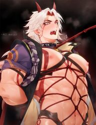 Rule 34 | 1boy, abs, arataki itto, bara, bdsm, blush, bondage, bound, bound arms, breast tattoo, breasts, chest strap, chest tattoo, collar, earrings, facial tattoo, fangs, genshin impact, hands behind, heavy breathing, highres, horns, huge breasts, jewelry, kinbaku, knotted rope, leash, leash pull, long hair, looking down, male focus, man boobs, multicolored hair, muscular, muscular male, navel, nipples, oni, oni horns, open mouth, pectoral cleavage, pectorals, red eyes, red hair, rope, shibari, spiked collar, spikes, surprised, sweat, tattoo, tattoo on chest, upper body, white hair, yebiusd