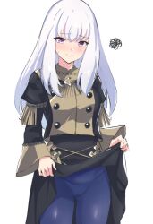 Rule 34 | 1girl, absurdres, blush, breasts, brown eyes, cameltoe, closed mouth, clothes lift, embarrassed, fire emblem, fire emblem: three houses, garreg mach monastery uniform, gluteal fold, highres, latte, lifted by self, long hair, long sleeves, lysithea von ordelia, nintendo, pantyhose, puffy sleeves, simple background, skirt, skirt lift, small breasts, solo, sweatdrop, thighs, uniform, white hair