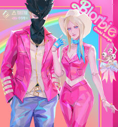 Rule 34 | 1boy, 1girl, 3others, barbie (character), barbie (character) (cosplay), barbie (franchise), blonde hair, bloodborne, blue scarf, cosplay, doll joints, fingerless gloves, gloves, hat, highres, hunter (bloodborne), jacket, jewelry, joints, ken (barbie), ken (barbie) (cosplay), looking at viewer, mask, messengers (bloodborne), midriff, mouth mask, multiple others, oreki genya, pink jacket, plain doll, ring, scarf, single fingerless glove, tricorne