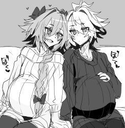 Rule 34 | 2boys, astolfo (fate), black bow, black pantyhose, black sweater, blush, bow, braid, collarbone, couch, cowboy shot, fang, fate/apocrypha, fate (series), grey background, greyscale, hair between eyes, hair bow, hair intakes, hand on own stomach, haoro, heart, leaning on person, light blush, long braid, long hair, male focus, male pregnancy, monochrome, multiple boys, on couch, pantyhose, sieg (fate), single braid, sketch, skin fang, smile, sweater, trap, white hair, white sweater, yaoi